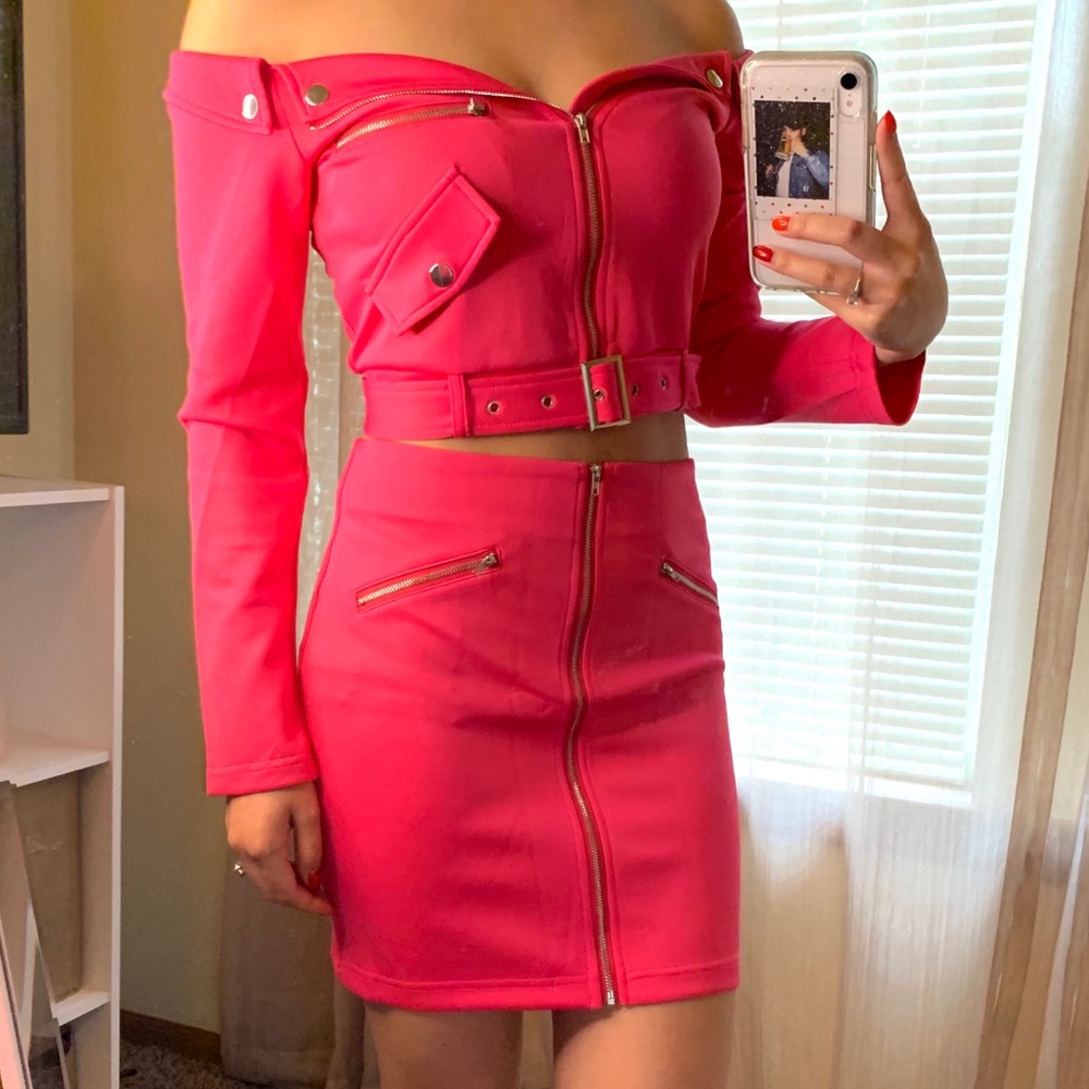Pink Two Piece Off Shoulder Jacket and Skirt